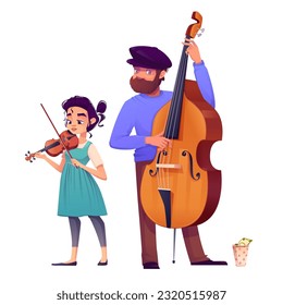 Street musician band people vector illustration. Happy man playing contrabass with violin girl earn money on concert or festival. Player group live performance isolated character design clipart