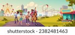 Street musician band playing musical instruments and singing in city amusement park. Cartoon outdoor performance - young people play guitar, contrabass, flute and trumpet and collect money in hat.