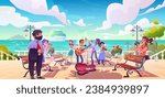 Street musician band playing musical instruments and singing in city park by sea. Cartoon outdoor performance - young people play guitar, violin, flute and trumpet and collect money in resort town.
