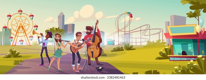 Street musician band playing musical instruments and singing in city amusement park. Cartoon outdoor performance - young people play guitar, contrabass, flute and trumpet and collect money in hat.