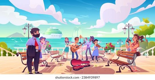 Street musician band playing musical instruments and singing in city park by sea. Cartoon outdoor performance - young people play guitar, violin, flute and trumpet and collect money in resort town.