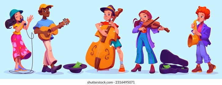 Street musician band with singer vector illustration. Music player people character with guitar, saxophone, violin and microphone cartoon isolated set. Guitarist artist play for party and hobby