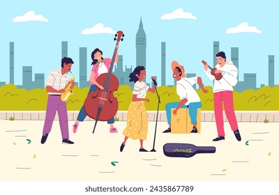 Street musician band. Young performers singing microphone playing musical instruments, outside concert in town square outdoor garden, busking musicians classy vector illustration of music performer