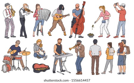 Street musician cartoon characters playing different musical instruments set of sketch vector illustration isolated on white background. People of street performance.