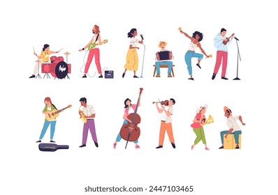 Street musician characters. Musicians people band, woman guitarist violinist, teen city musical artist playing jazz instrument, singer live voice music vector illustration of character musician street