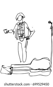 street musician with a cup of coffee at the microphone
