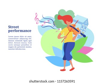 Street musician. The girl plays the violin. Music show, street performance. Vector illustration.