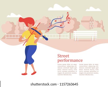 Street musician. The girl plays the violin. Music show, street performance. Vector illustration.