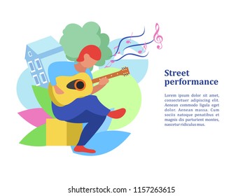 Street musician. The guy plays the guitar. Street performance. Musical show.  Vector illustration.