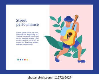 Street musician. The guy plays the guitar. Street performance. Musical show.  Vector illustration.