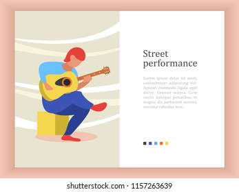 Street musician. The guy plays the guitar. Street performance. Musical show.  Vector illustration.