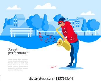 Street musician. The guy plays the saxophone. Street performance. Musical show.  Vector illustration.