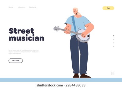 Street musician landing page template. Cartoon jazz woman playing banjo musical ethnic string instrument vector illustration. Female character soloist performing with country music improvisation