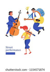 Street Musician. Man Band, A Girl Playing The Violin, A Man Playing The Double Bass. Street Performance. Vector Illustration In Flat Style