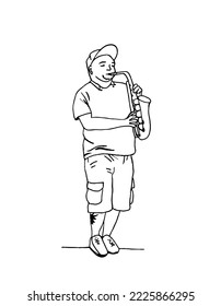 Street musician, a man plays the saxophone. Vector illustration in the style of doodles.