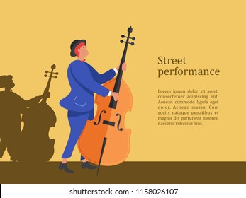 Street musician. A man in a suit and a hat playing the double bass. Street performance. Vector illustration.
