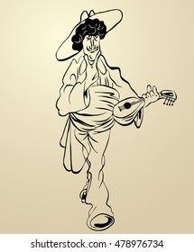street musician mandolin, cartoon sketch of a man with a big mustache wearing a hat on his head