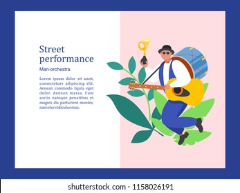 Street musician. One man band plays the trumpet, guitar, drums, and dancing. Street performance. Vector illustration.