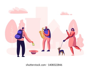 Street Musician Perform Outdoor Show. Saxophonist Playing Music in Park, People Watching Concert, Passerby Put Money in Hat and Photographing Musical Performance. Cartoon Flat Vector Illustration