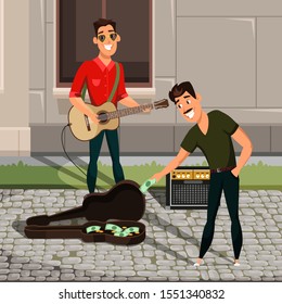 Street Musician Performance Flat Illustration. Outdoor Concert, City Entertainment Concept. Guitarist And Spectator Putting Money In Guitar Case Cartoon Characters. Young Artist Support Idea