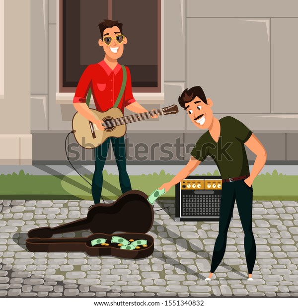 Street musician performance flat illustration.\
Outdoor concert, city entertainment concept. Guitarist and\
spectator putting money in guitar case cartoon characters. Young\
artist support idea