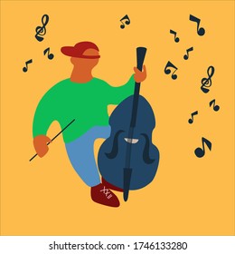 Street musician playing double bass. Contrabassist making a performance. Event poster, music festival advertisement design element. Isolated on orange background