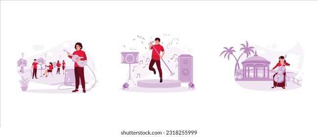 Street musician playing electric acoustic guitar in the park. The male soloist sings with confidence. The cellist performed beautifully. Trend Modern vector flat illustration.