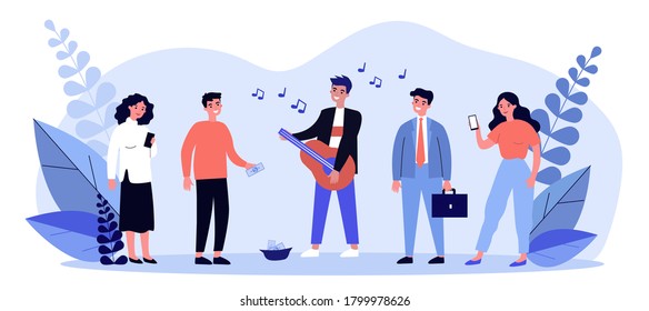 Street musician playing guitar. Busker, performer, people listening to music flat vector illustration. Musical performance, entertainment concept for banner, website design or landing web page