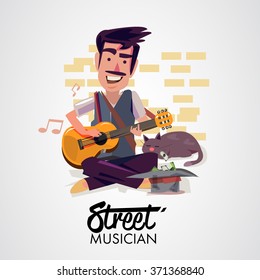 street musician playing guitar with donation hat and sleeping cat. character design - vector illustration