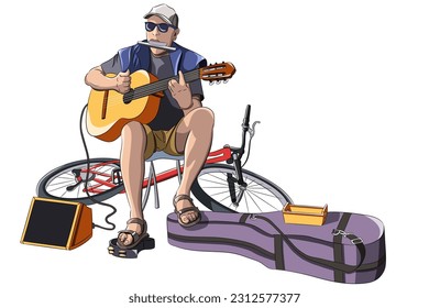 Street musician playing guitar, harmonica and tambourine isolated on white background.