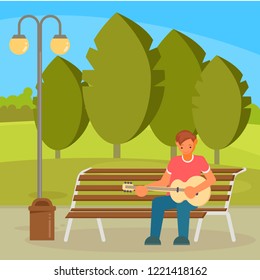 Street musician playing guitar while sitting on bench in city park. Vector illustration in flat style. Music hobby concept design element.