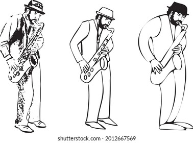 Street Musician Playing Saxophone, Hand Drawn Vector Illustration