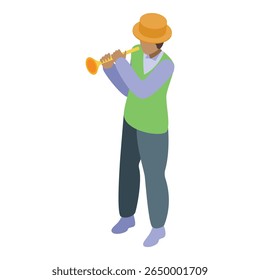 Street musician playing trumpet wearing hat and casual clothes