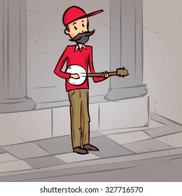 Street musician plays banjo. Hand drawn cartoon vector illustration.