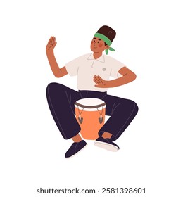 Street musician plays djembe, traditional African percussion instrument. Young drummer performs with jembe, goblet drum, bongo in music concert. Flat isolated vector illustration on white background