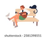Street musician plays guitar on bench in park. Guitarist performs with string instrument and sings song. Music performance of teen girl outdoors. Flat isolated vector illustration on white background