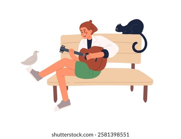 Street musician plays guitar on bench in park. Guitarist performs with string instrument and sings song. Music performance of teen girl outdoors. Flat isolated vector illustration on white background