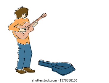 Street musician plays the guitar. Silhouette of guitarist and open guitar case. Young guitar player contour. Vector flat illustration.. Black outlines, isolated colors. Musical cartoon.