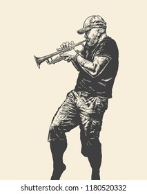 A Street Musician Plays On The Trumpet. Hand Drawn Character. Engraving Style. Vector Illustration