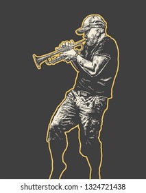 Street Musician Plays On The Trumpet. Hand Drawn Character. Engraving Style. Vector Illustration
