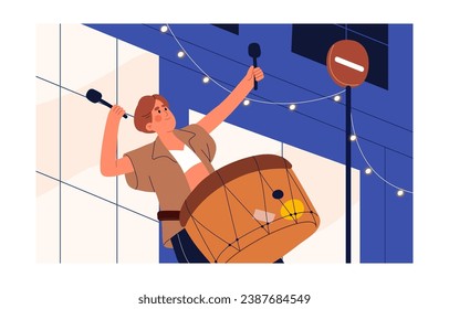 Street musician plays percussion instrument at night, evening. Young performer with drumsticks in hand beats drum. Drummer perform rhythm, music in city. Outdoor performance. Flat vector illustration