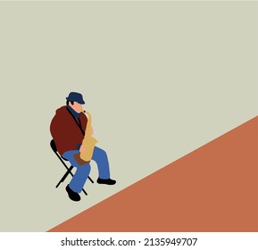 Street musician plays the saxophone in city park. Jazz music concept. Vector illustration.
