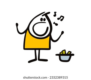 Street musician sings loudly and collects a reward in a hat. Vector illustration stickman earns art for a living. Cartoon stick man character isolated on white background. 