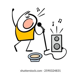 Street musician sings loudly into a microphone in the street. Vector illustration of a popular rock star performing at a concert. Isolated cartoon character on white background.