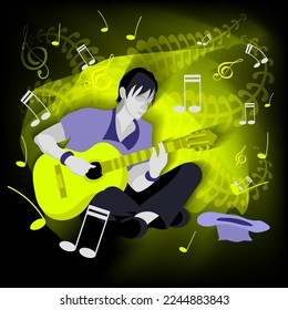 Street musician. Sitting on his haunches, the guy plays the guitar and next to him, on the ground, lies a hat for coins. Neon colors. Author's drawing. Vector.