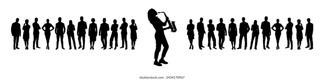 Street musician woman playing saxophone performing in front of crowd people silhouettes.	