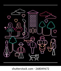 Street Musicians abstract vector illustration. Neon silhouettes on black background. City life scene. 