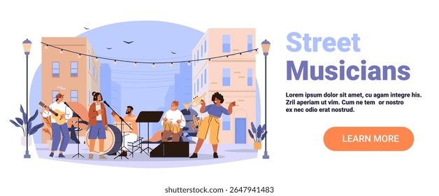 Banda de músicos de rua performance ao ar livre edifícios da cidade grupo diverso tocando instrumentos luzes da noite urbano fundo site banner