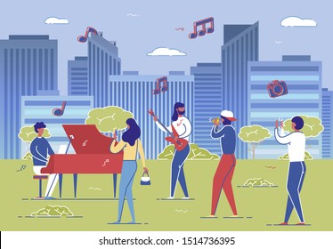 Street Musicians Band Performance, Passersby Photo Record Video Vector Illustration. People Perform Acoustic Music at City Park, Outdoor Festival, Live Concert. Man Play Piano, Guitar
