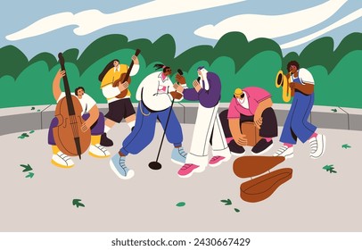 Street musicians band play music instruments, sing outdoor. People perform live jazz concert in park. Singers with players group on public entertainment event, festival. Flat vector illustration